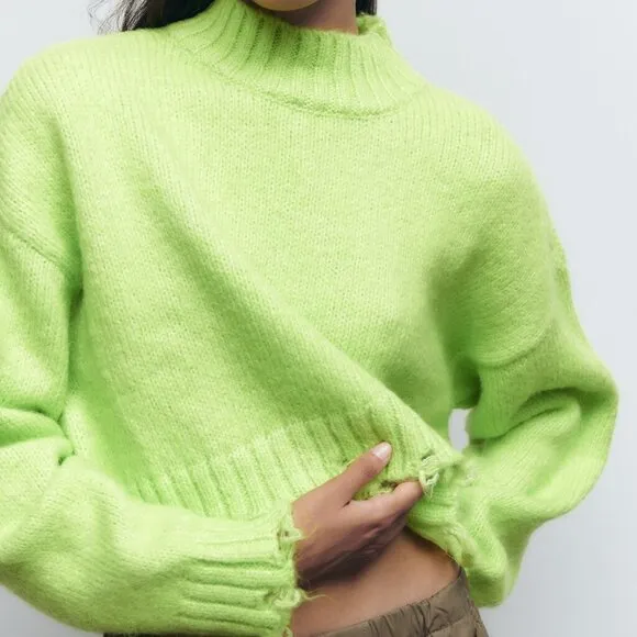 Zara Neon Green Ripped Cropped Knit Sweater