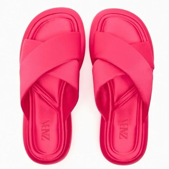 Zara Pink Crossed Fabric Flat Sandals Shoes