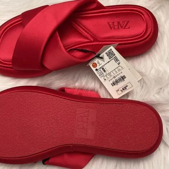 Zara Pink Crossed Fabric Flat Sandals Shoes